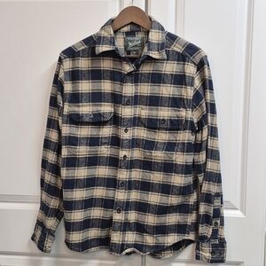 VTG Woolrich Men's Brawny Flannel Shirt Navy Beige Plaid Long Sleeve, Size Small